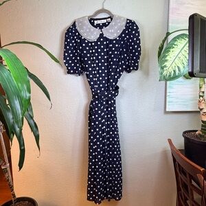 Ms Chaus Vintage Sheer Peter Pan Collar Navy White Polka Dot Pleat Midi Dress 14